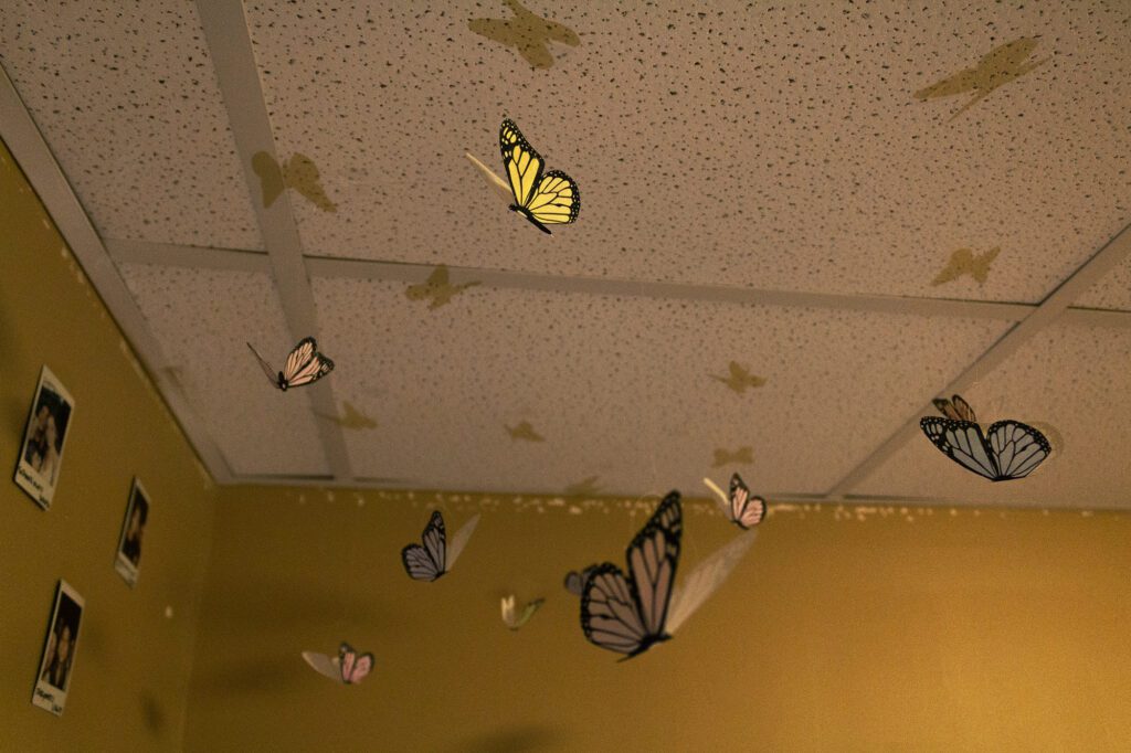 paper butterflies hanging from ceiling